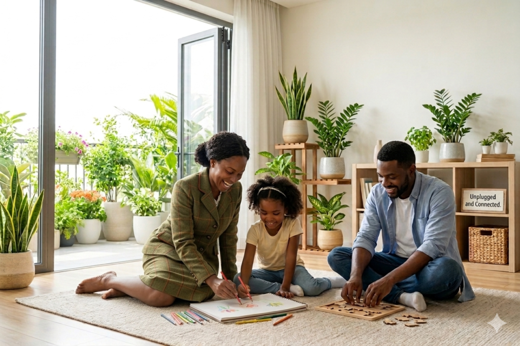 family enjoying healthier home environment without screen