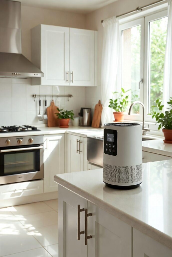 Smart air purifier improving kitchen air quality